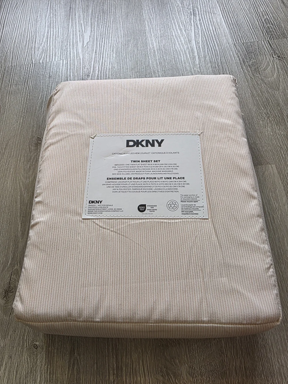 DKNY 3 Piece Ruffled Hem Pink Blush Striped Sheet Set X-Long Twin Cotton Cottage